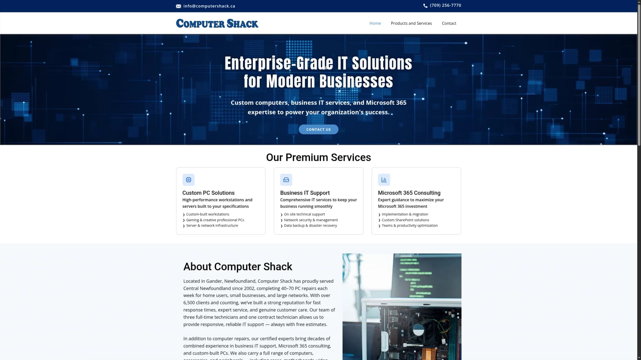 The live computershack.ca homepage: a WordPress template hero reading Enterprise-Grade IT Solutions for Modern Businesses