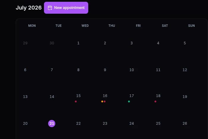 The VinRaven calendar: a month view with appointment dots on booked days and a new appointment button