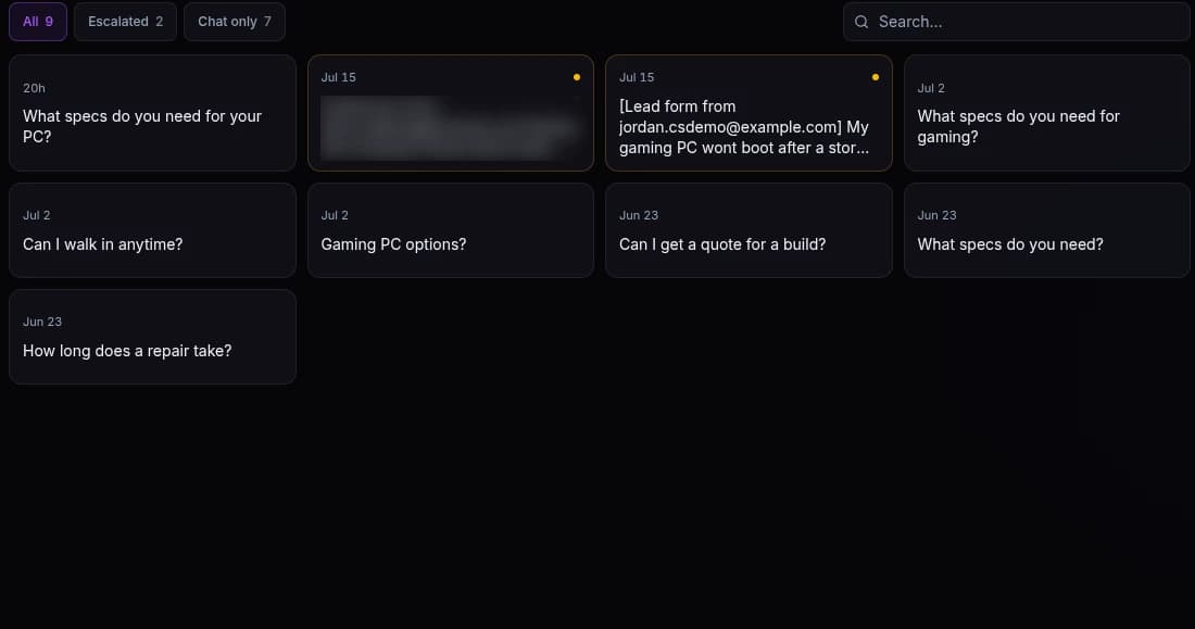 The conversations inbox in the VinRaven dashboard: one card per visitor chat, with filters for escalated and chat only