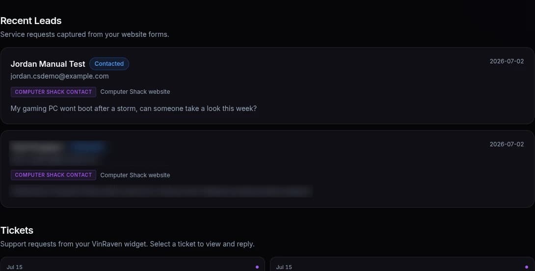 Recent leads in the VinRaven dashboard: a captured service request with a contacted badge and the source website tag